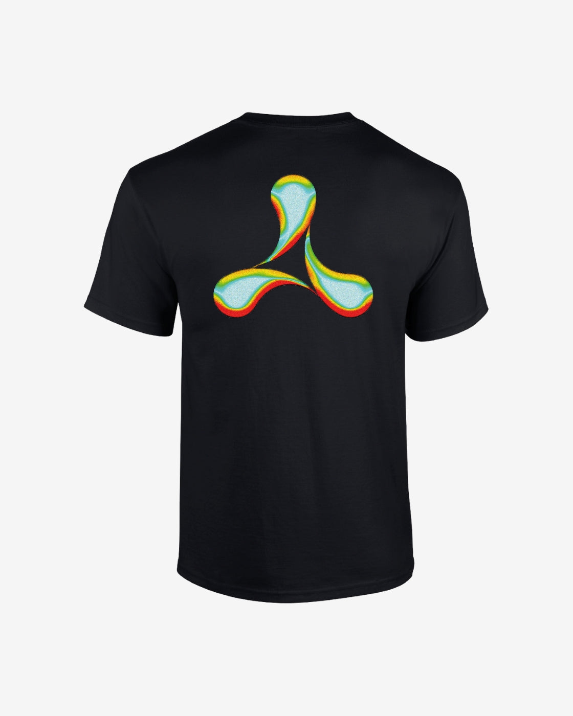 The Creamfields 2025 Regular T-shirt by Creamfields features a large, abstract three-lobed design in blue, yellow, and red on the back against a black fabric. The background is plain white.