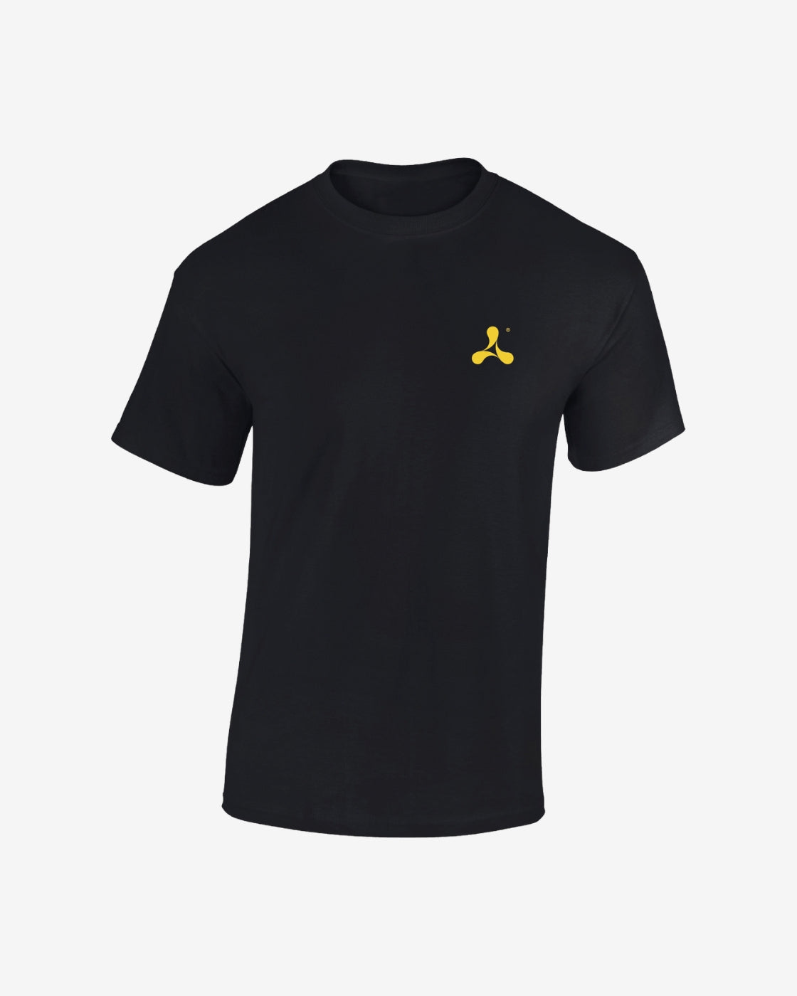 Creamfields 2025 Regular t-shirt by Creamfields: black short-sleeve tee featuring a small yellow abstract symbol on the left chest, shown on a plain white background.