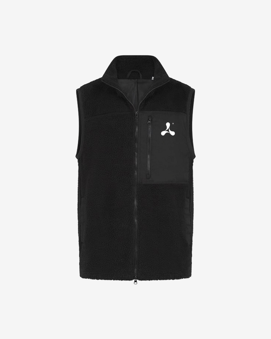 The Creamfields 2025 Recycled Sherpa Gilet by Creamfields is a black sleeveless fleece vest with a front zipper, a left zip chest pocket, and a small white abstract logo above the pocket, shown on a plain white background.