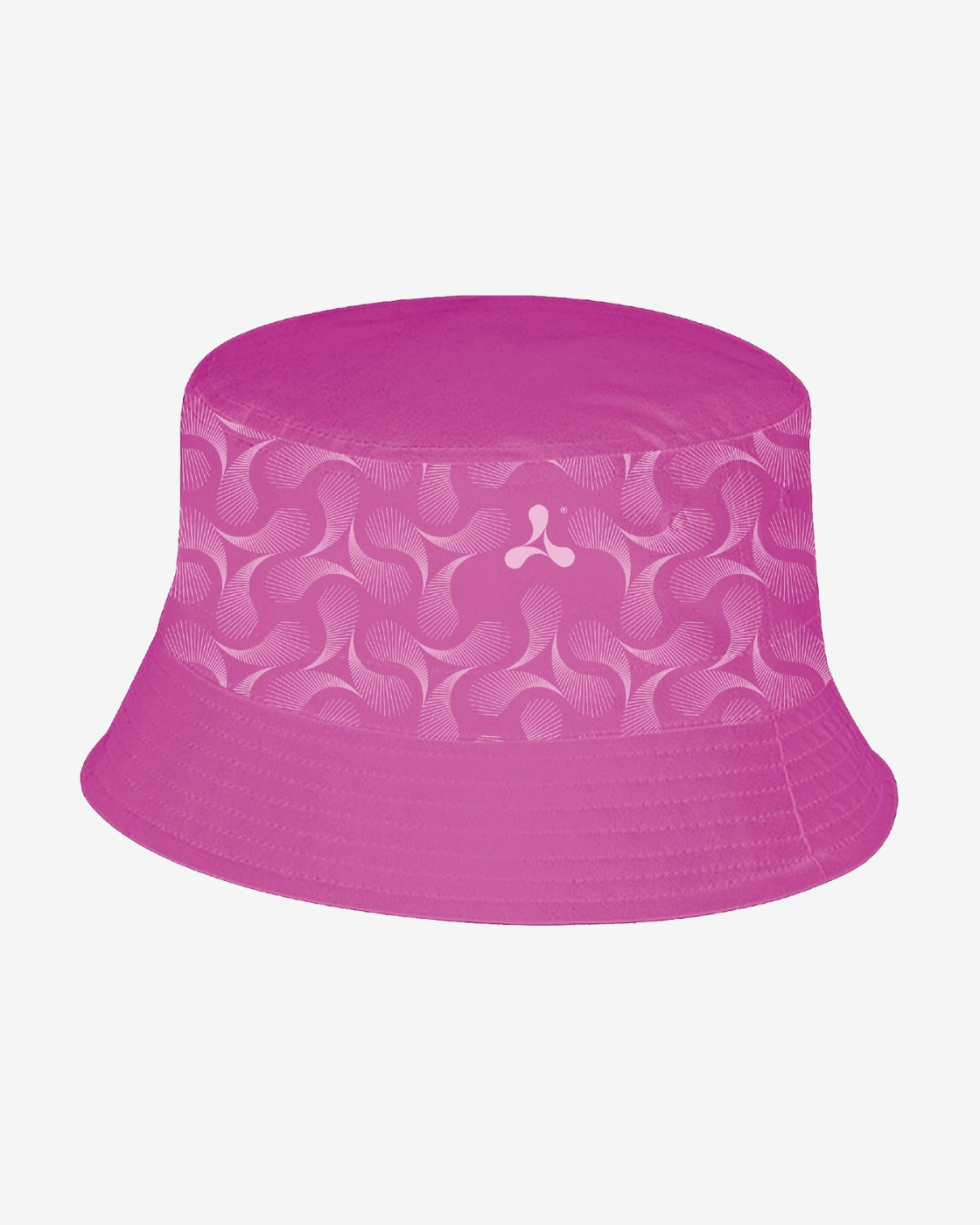 The Creamfields Creamfields 2025 Reversible Bucket Hat features a bright pink side with a subtle swirling geometric pattern and a small white abstract logo on the front.
