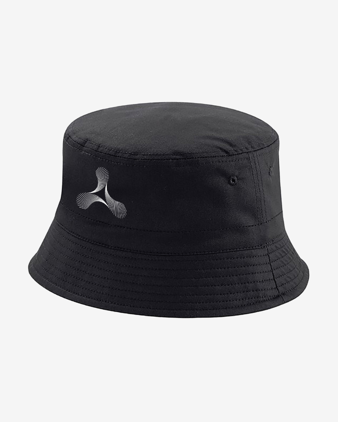 The Creamfields 2025 Reversible Bucket Hat by Creamfields is shown against a light gray background, featuring a plain black side with a small white abstract logo on the front.