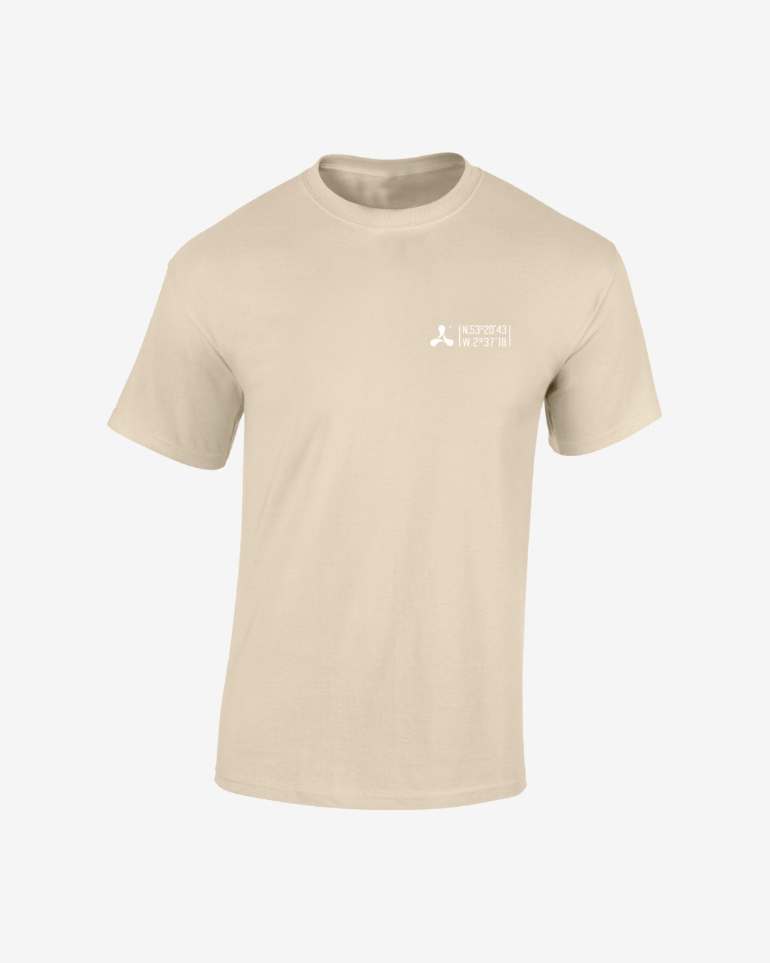 The Creamfields 2025 T-Shirt features a topographic map graphic and text on the upper left chest, in beige with short sleeves, displayed on a white background.