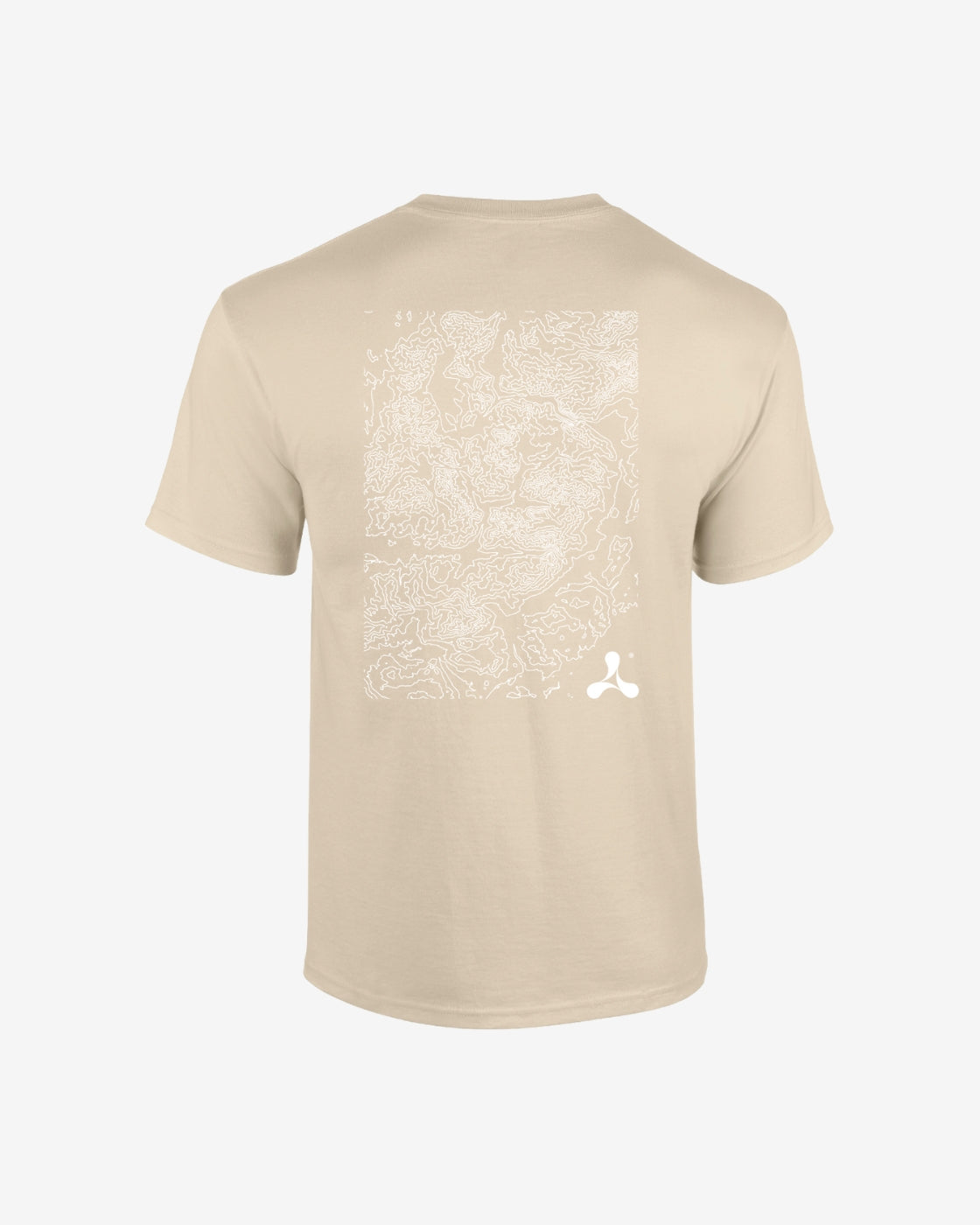The Creamfields 2025 T-Shirt features a cream topographic map design on the back and a small three-dot Creamfields logo in the lower right corner of the graphic.