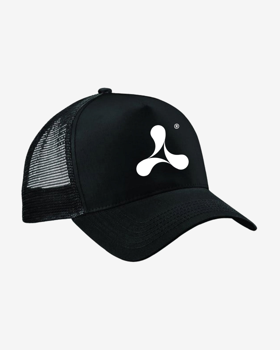 The Creamfields 2025 Black Trucker Cap features a black mesh design and showcases Creamfields’ iconic white abstract three-droplet logo on the front panel.