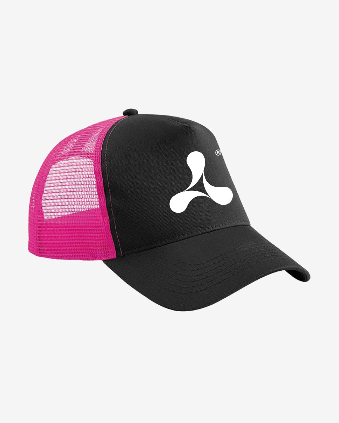 The Creamfields 2025 Pink Trucker Cap by Creamfields features a black brim and front, pink mesh sides and back, and a white abstract logo on the front panel.