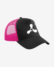 The Creamfields 2025 Pink Trucker Cap by Creamfields features a black brim and front, pink mesh sides and back, and a white abstract logo on the front panel.