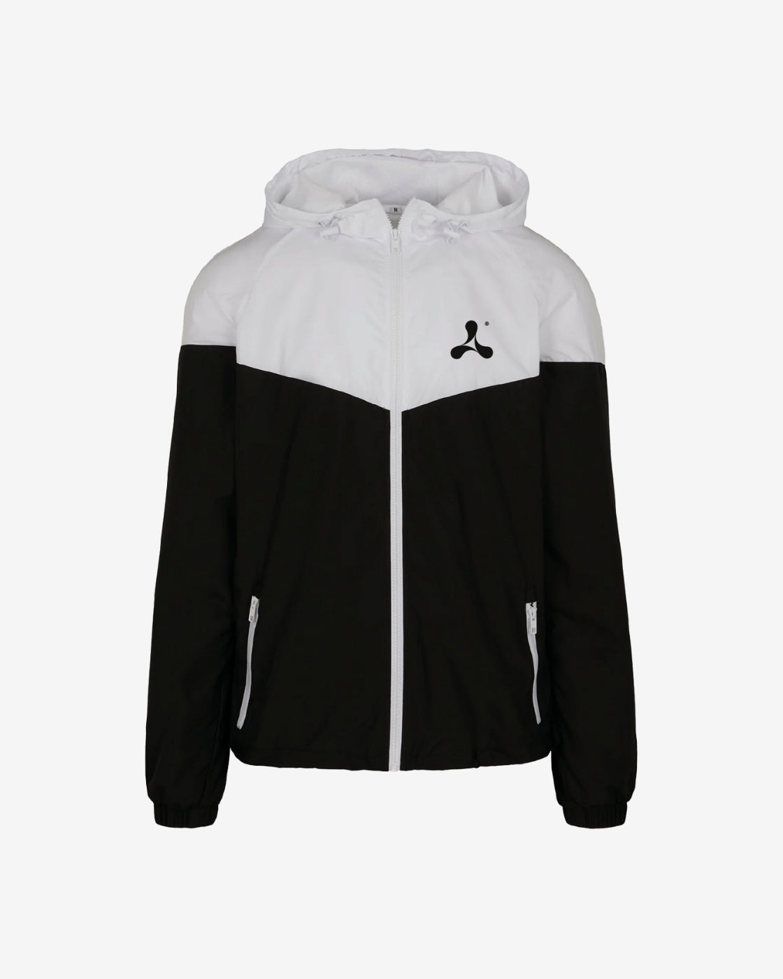 The Creamfields 2025 Windrunner Jacket by Creamfields features a white upper, black lower section, hood, zipper front, two zippered pockets, elastic cuffs, and a small black logo on the left chest.
