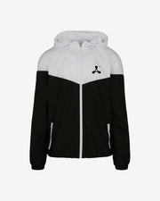 The Creamfields 2025 Windrunner Jacket by Creamfields features a white upper, black lower section, hood, zipper front, two zippered pockets, elastic cuffs, and a small black logo on the left chest.