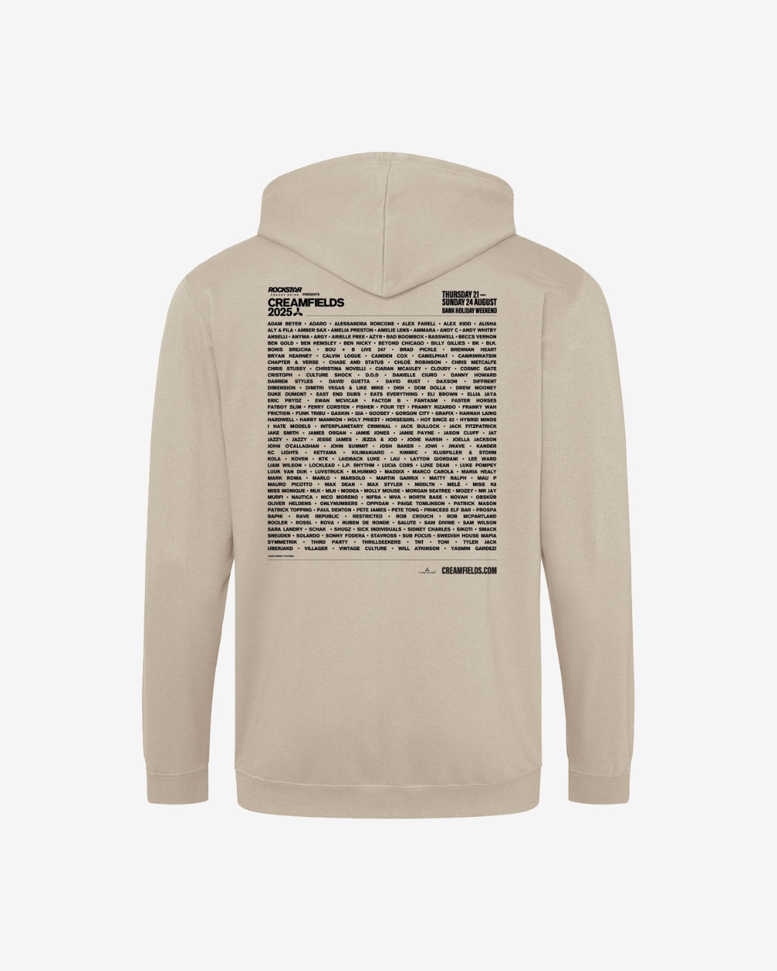 Beige hoodie with text on the back against a white background