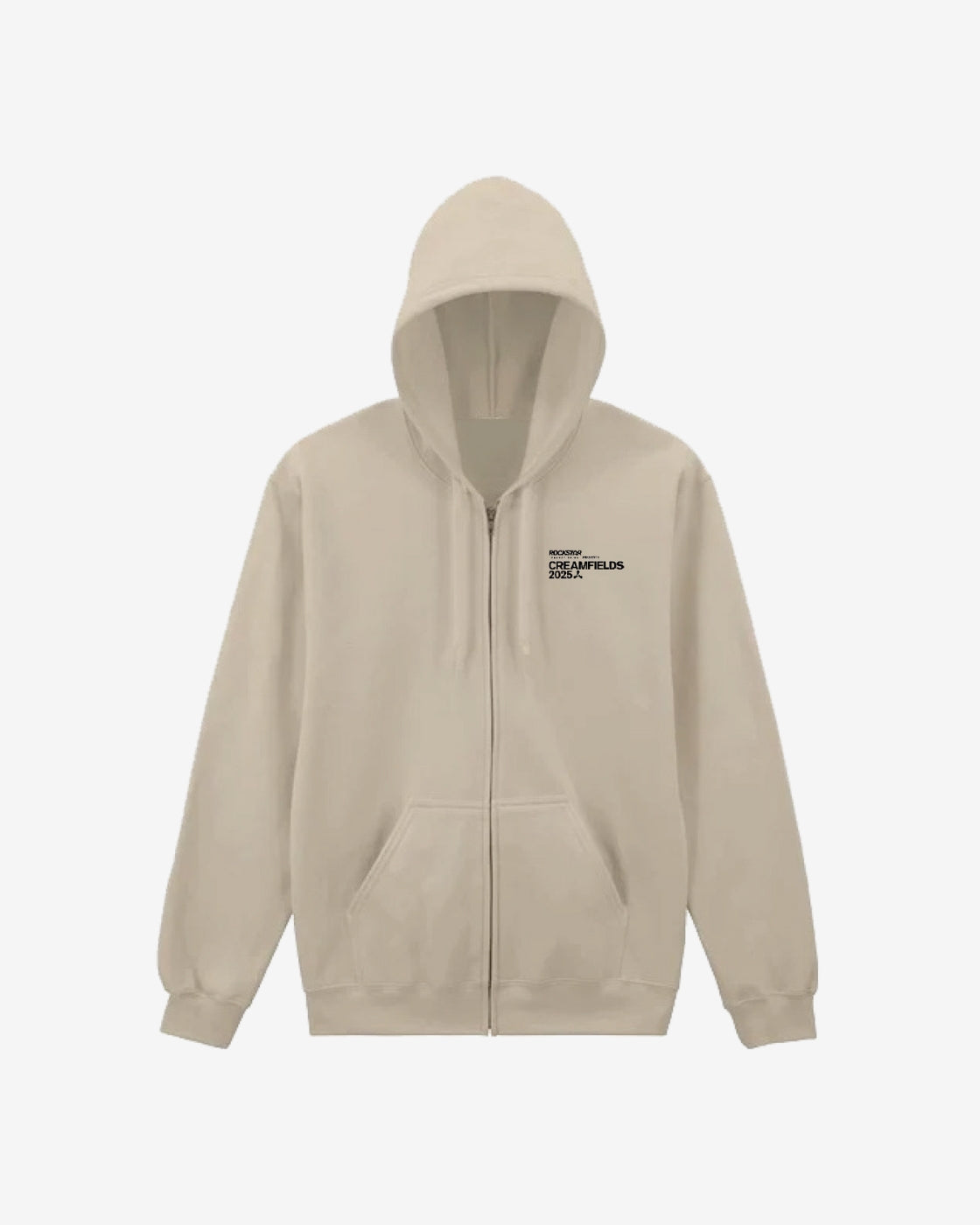 Beige hoodie with a logo on the chest against a white background
