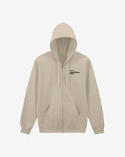 Beige hoodie with a logo on the chest against a white background