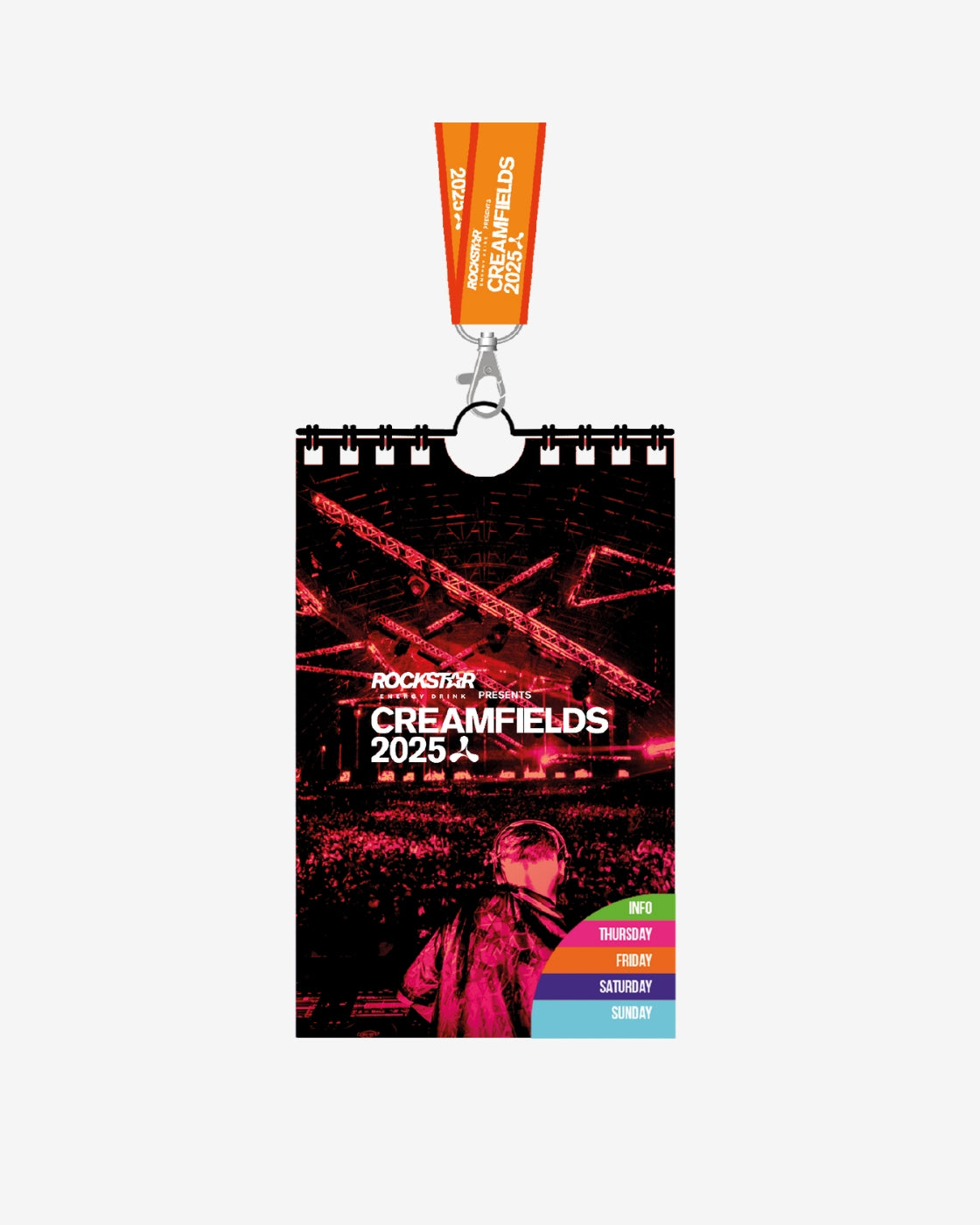 The Creamfields 2025 Lanyard by Creamfields shows a DJ on stage with vivid red lighting, colored tabs for Thursday to Sunday at the bottom, and comes with an orange lanyard attached at the top.