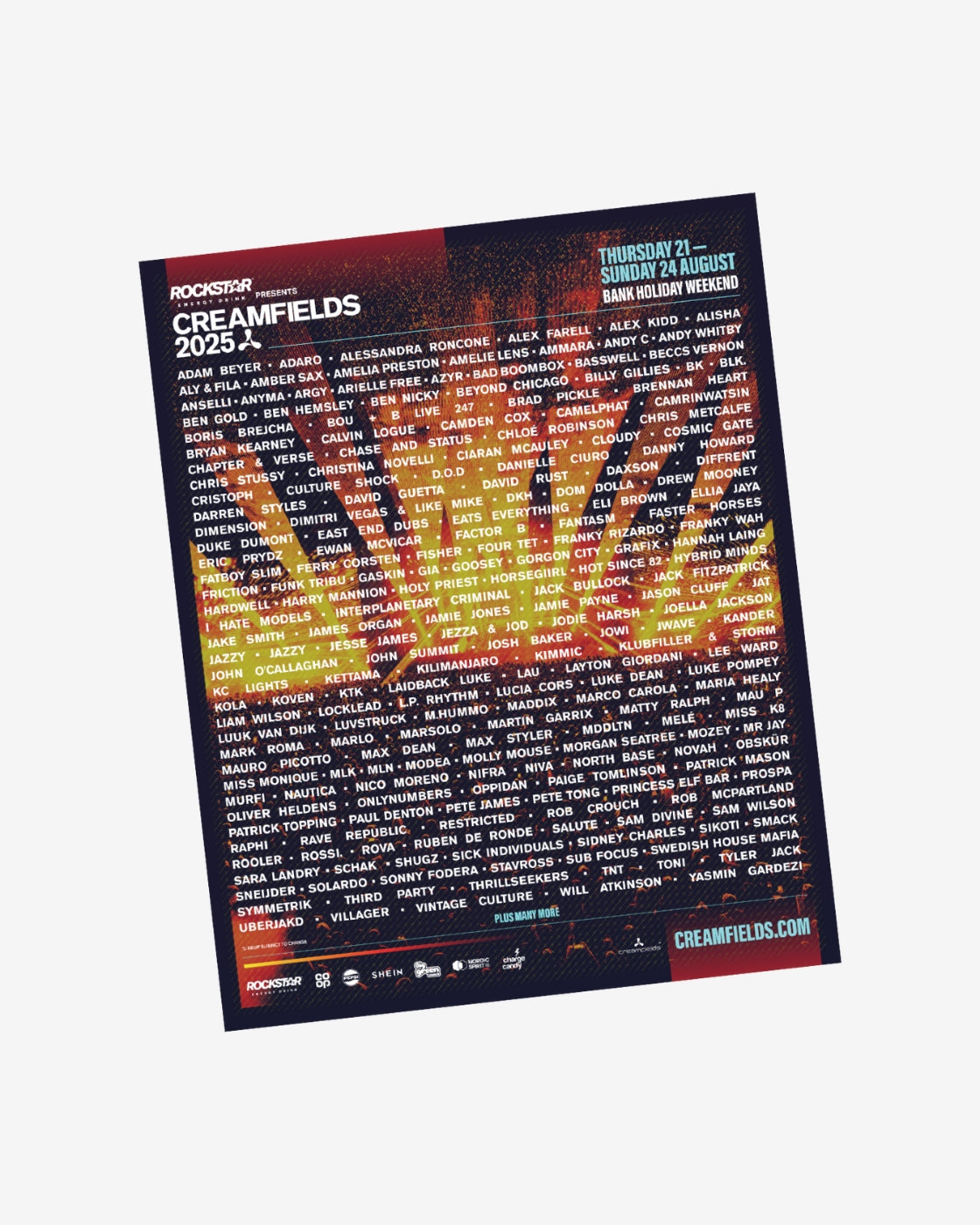 The Creamfields 2025 Poster - Flat Packed by Creamfields features artist names in white and yellow on a vibrant red and orange abstract background. Event dates are August 22–25, with creamfields.com displayed at the bottom.